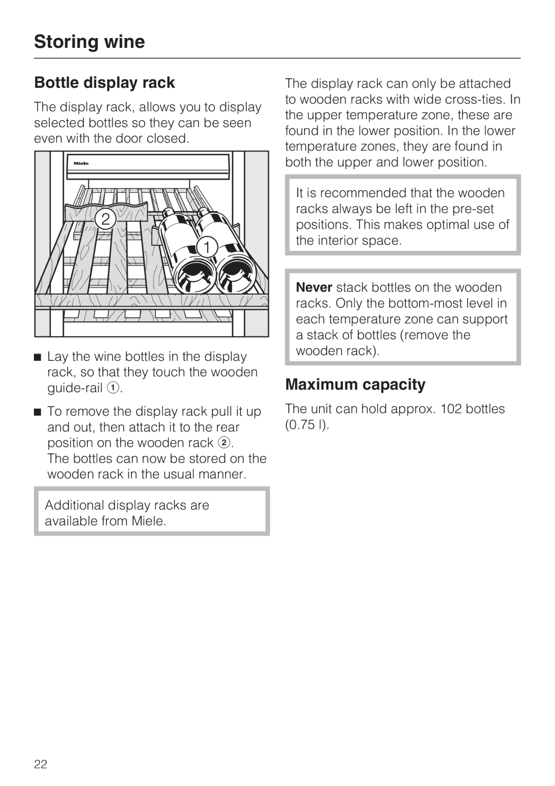 Miele KWT1611SF, KWT1601SF installation instructions Bottle display rack, Maximum capacity 