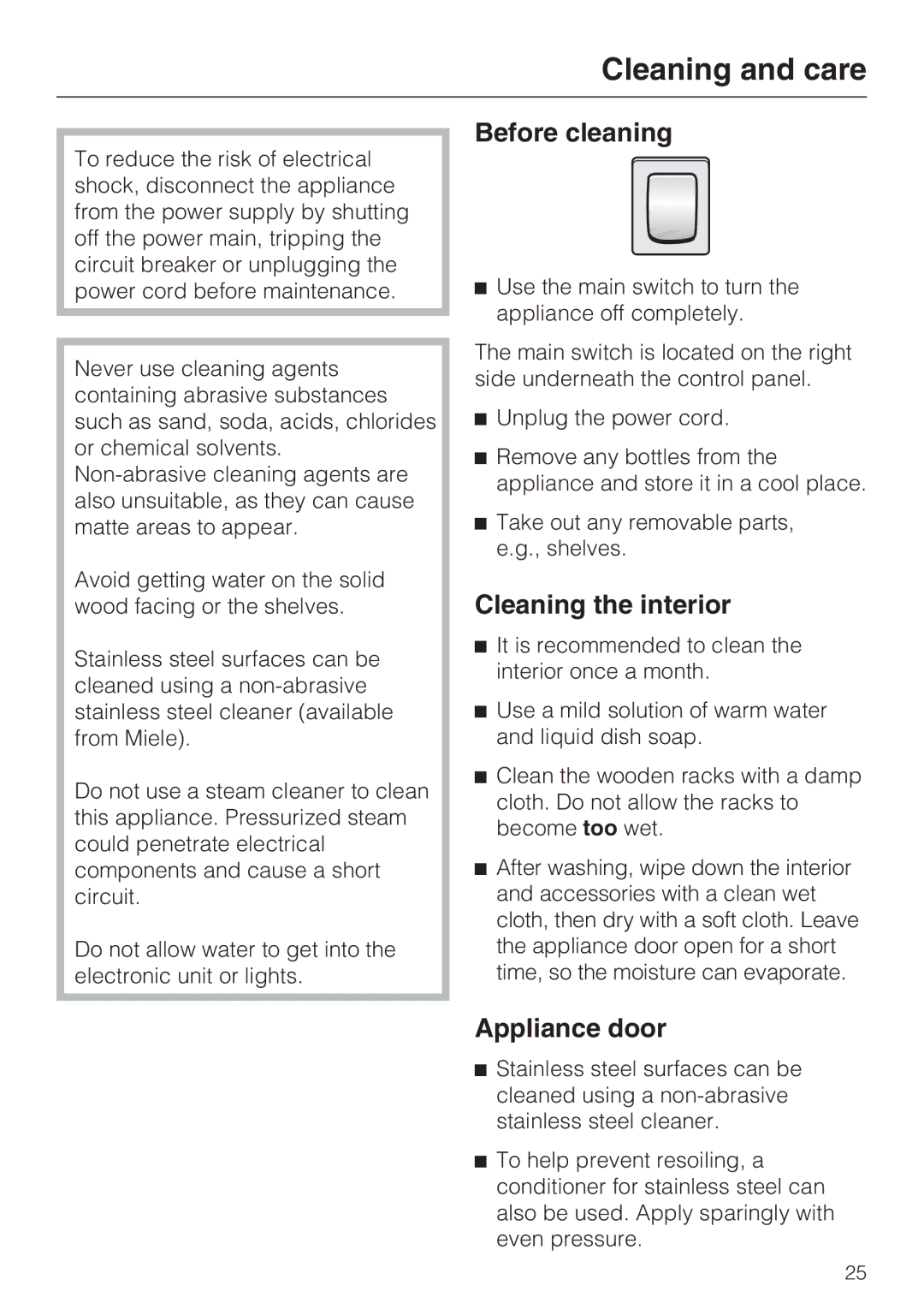 Miele KWT1601SF, KWT1611SF Cleaning and care, Before cleaning, Cleaning the interior, Appliance door 