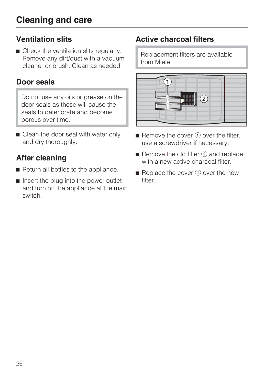 Miele KWT1611SF, KWT1601SF installation instructions Ventilation slits, Active charcoal filters, Door seals, After cleaning 