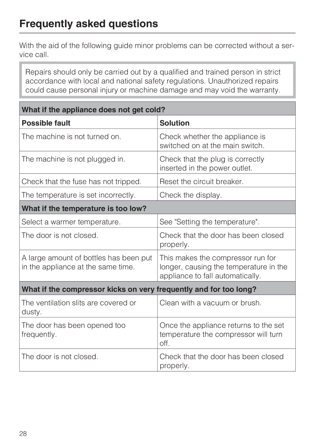 Miele KWT1611SF, KWT1601SF installation instructions Frequently asked questions, What if the temperature is too low? 