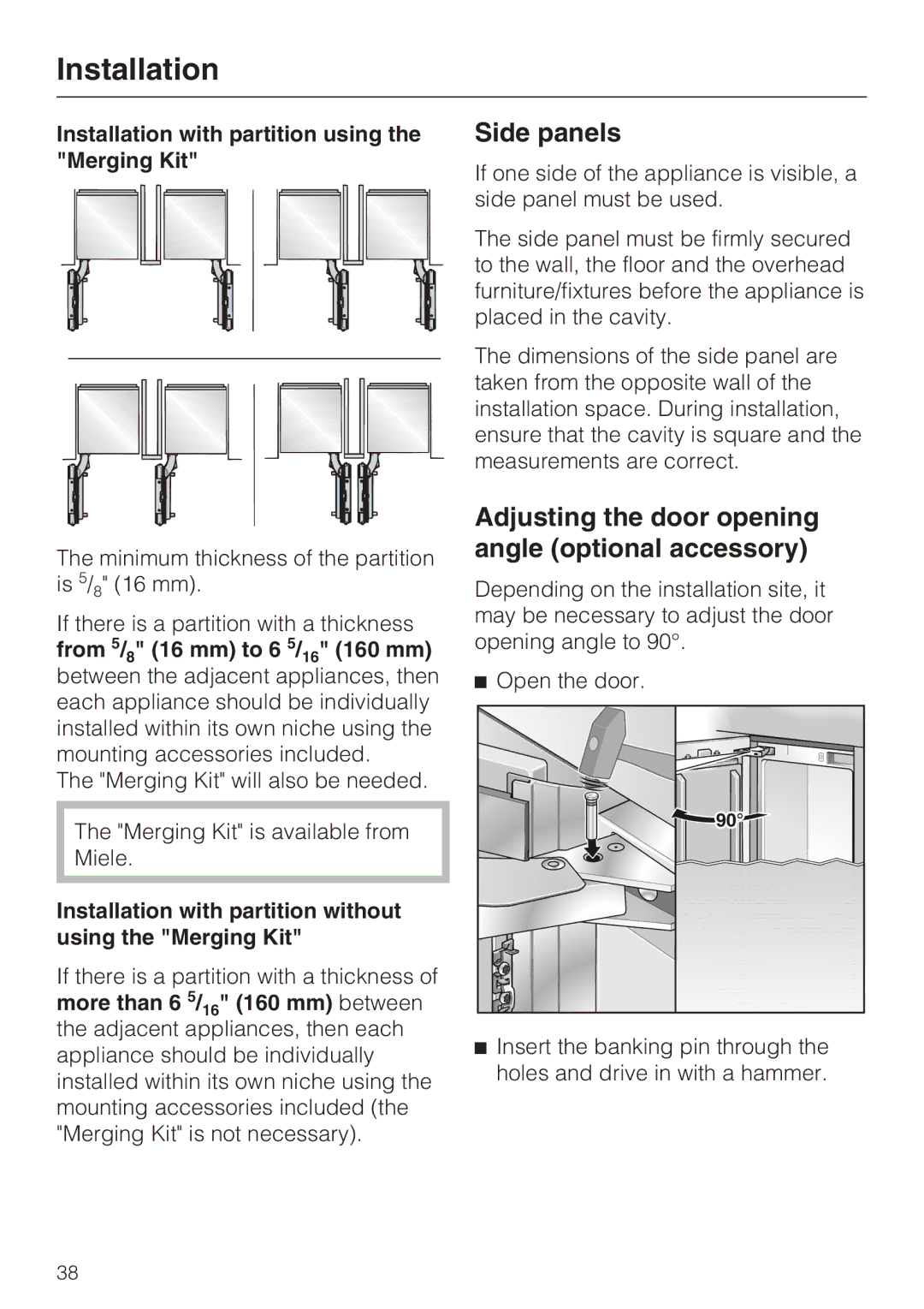 Miele KWT1611SF Side panels, Adjusting the door opening angle optional accessory, From 5/8 16 mm to 6 5/16 160 mm 