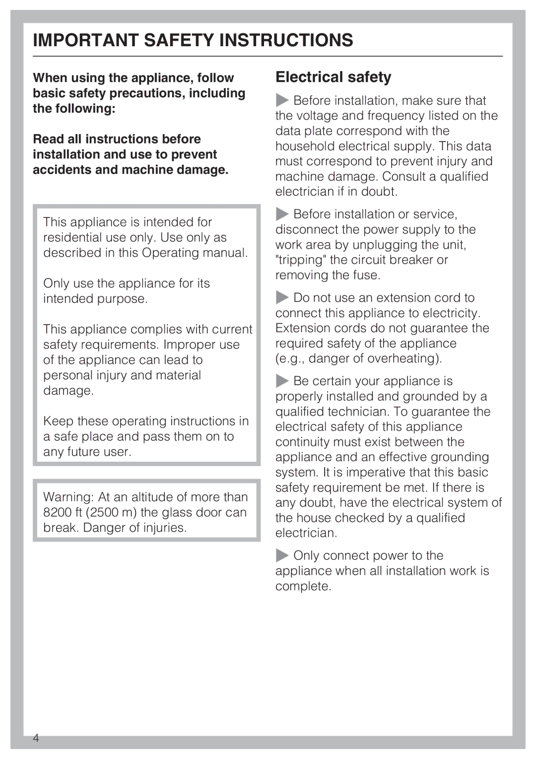 Miele KWT1611SF, KWT1601SF installation instructions Important Safety Instructions, Electrical safety 