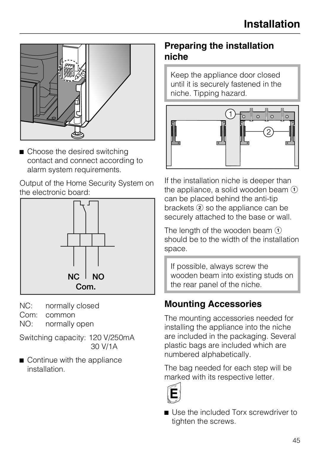 Miele KWT1601SF, KWT1611SF installation instructions Preparing the installation niche, Mounting Accessories 