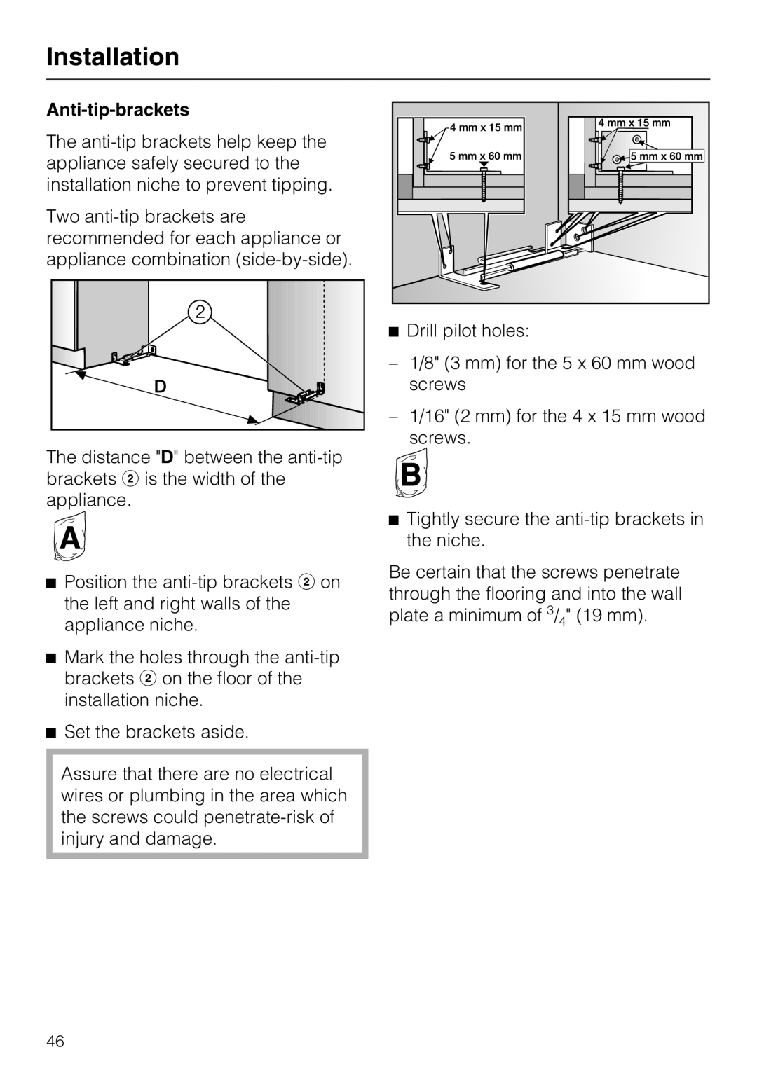 Miele KWT1611SF, KWT1601SF installation instructions Anti-tip-brackets, Drill pilot holes 