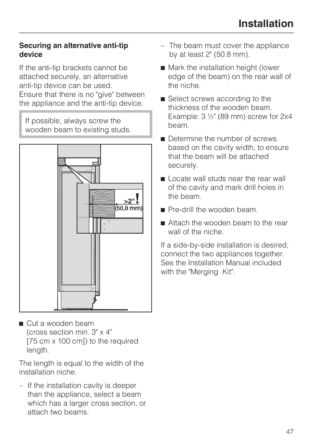 Miele KWT1601SF, KWT1611SF installation instructions Securing an alternative anti-tip device 