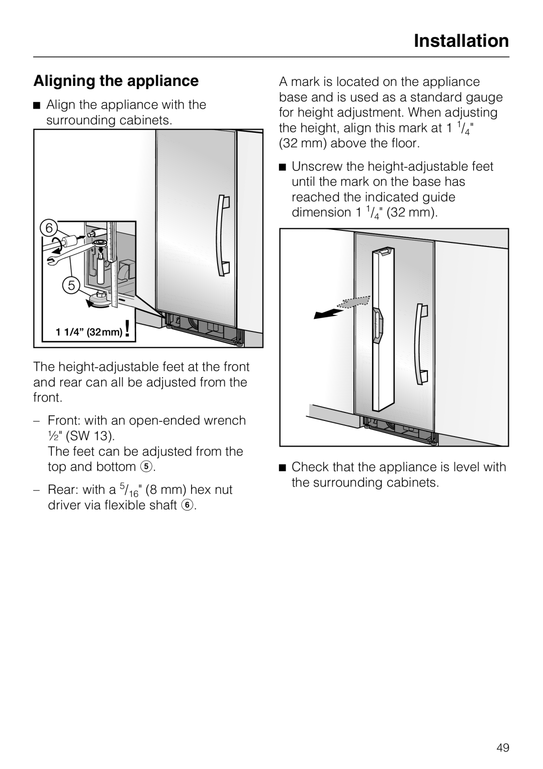 Miele KWT1601SF, KWT1611SF installation instructions Aligning the appliance 