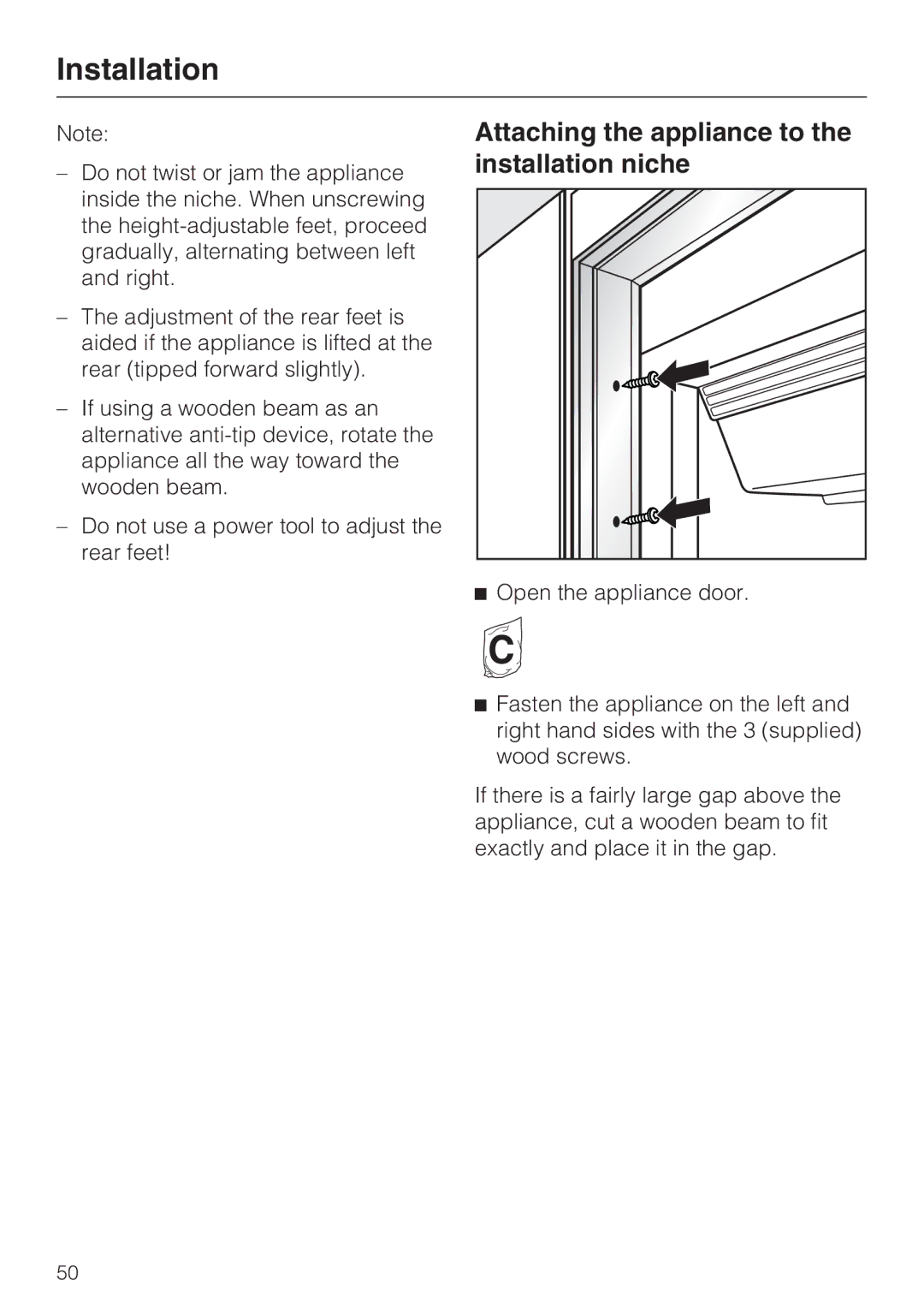 Miele KWT1611SF, KWT1601SF installation instructions Attaching the appliance to, Installation niche 