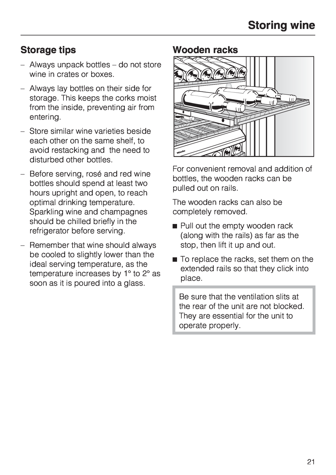 Miele KWT1601SF, KWT1611SF installation instructions Storing wine, Storage tips, Wooden racks 