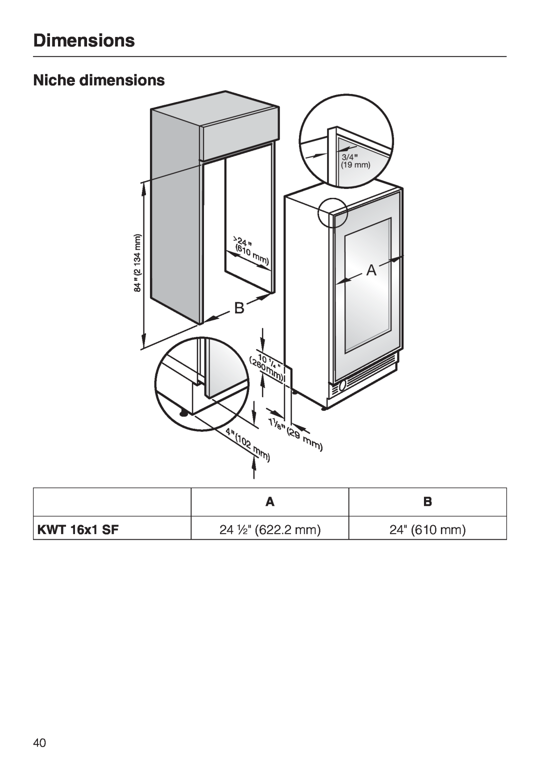 Miele KWT1611SF, KWT1601SF installation instructions Niche dimensions, KWT 16x1 SF, Dimensions 