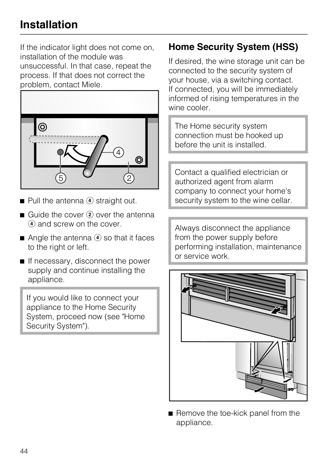 Miele KWT1611SF, KWT1601SF installation instructions Home Security System HSS, Installation 