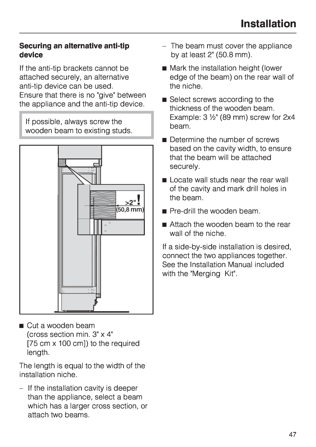 Miele KWT1601SF, KWT1611SF installation instructions Securing an alternative anti-tipdevice, Installation 