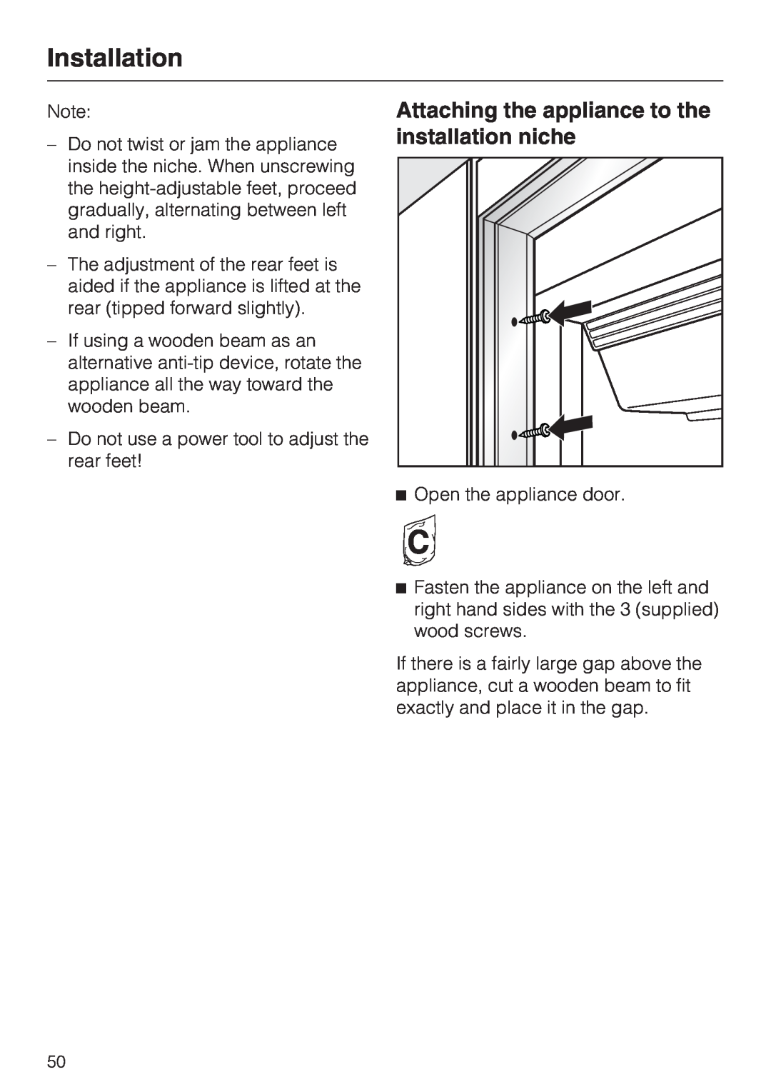 Miele KWT1611SF, KWT1601SF installation instructions Attaching the appliance to the, installation niche, Installation 