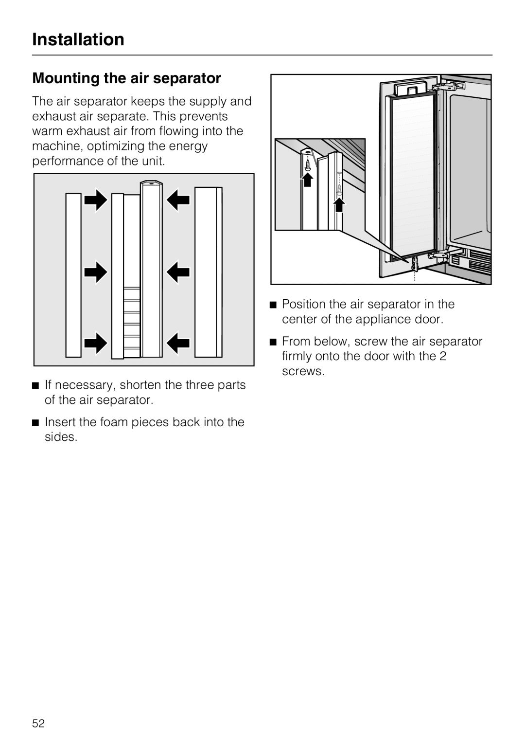 Miele KWT1611SF, KWT1601SF installation instructions Mounting the air separator, Installation 