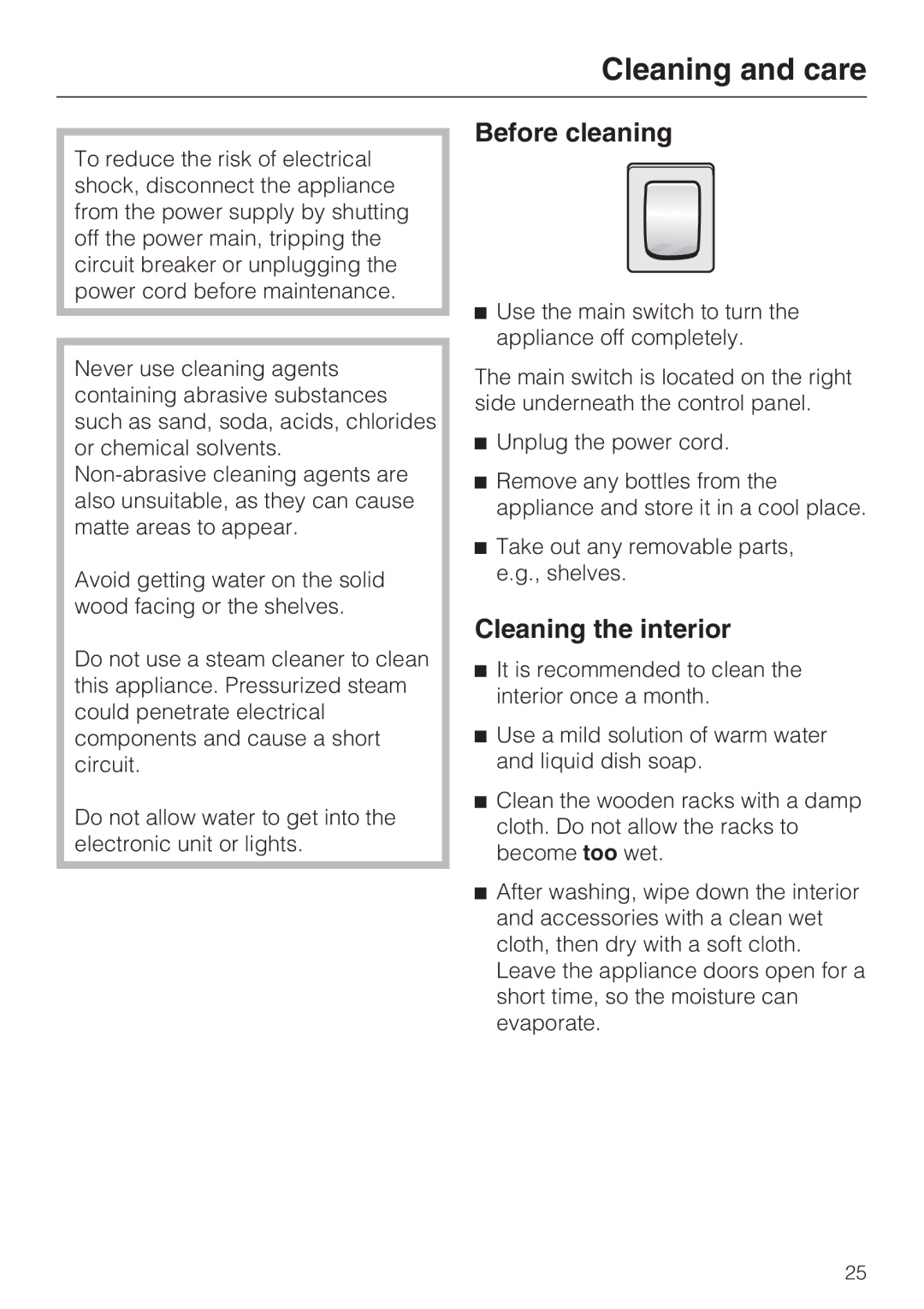 Miele KWT1601VI, KWT1611VI installation instructions Cleaning and care, Before cleaning, Cleaning the interior 