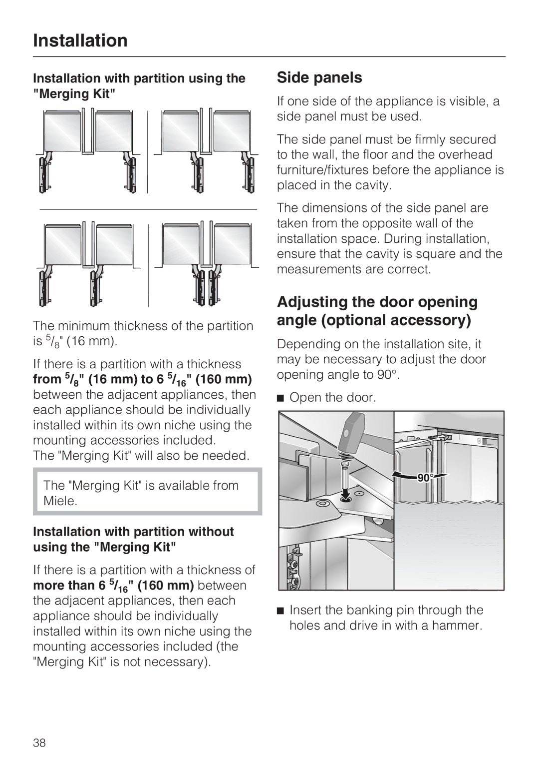 Miele KWT1611VI Side panels, Adjusting the door opening angle optional accessory, From 5/8 16 mm to 6 5/16 160 mm 