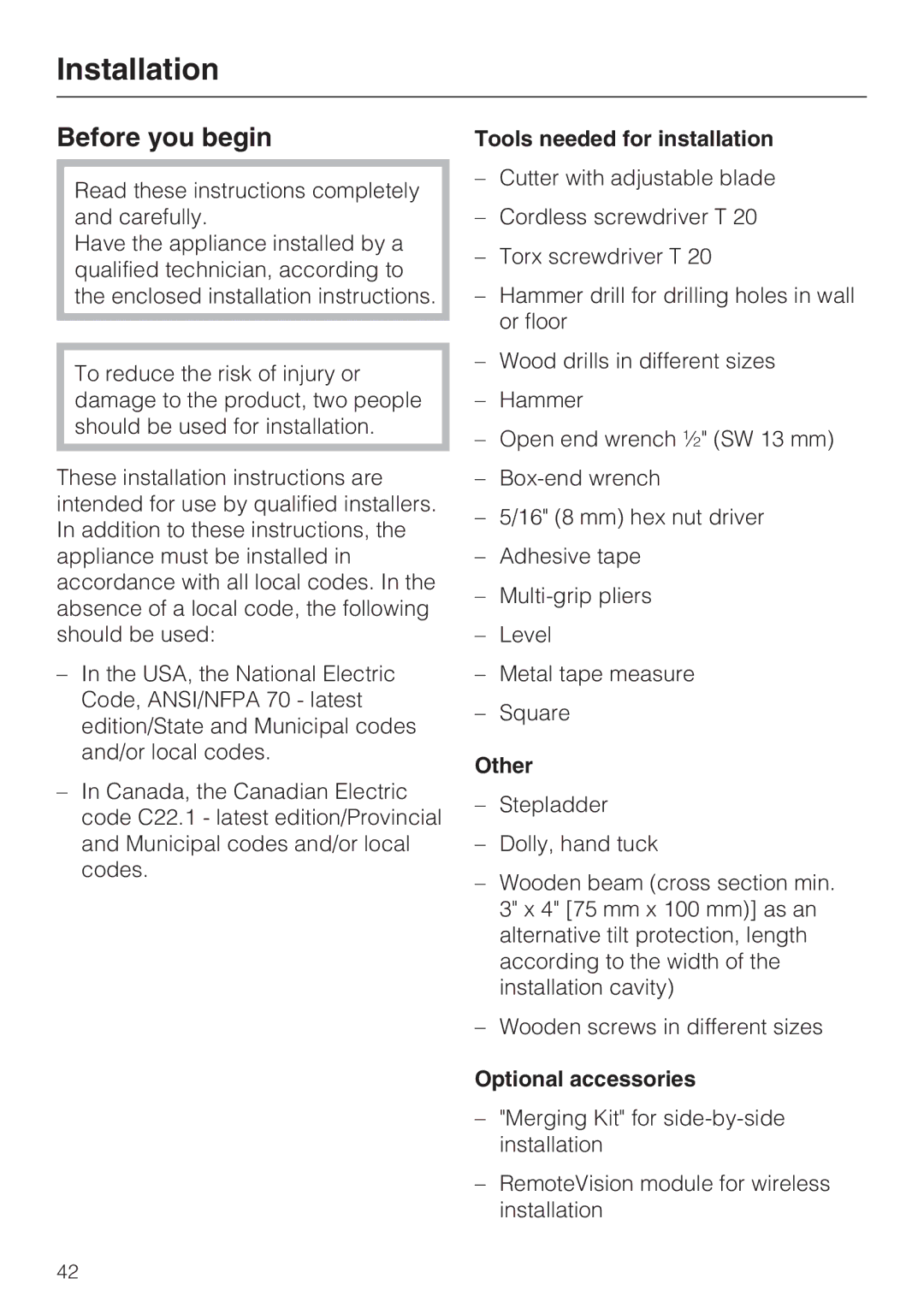 Miele KWT1611VI, KWT1601VI Before you begin, Tools needed for installation, Other, Optional accessories 