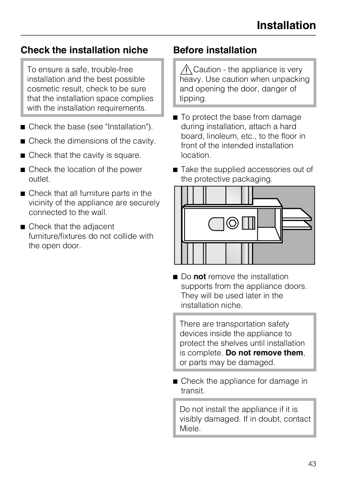 Miele KWT1601VI, KWT1611VI installation instructions Check the installation niche Before installation 