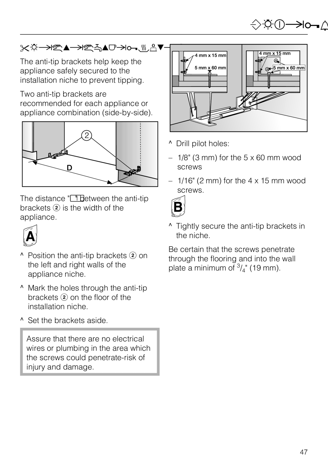 Miele KWT1601VI, KWT1611VI installation instructions Anti-tip-brackets 