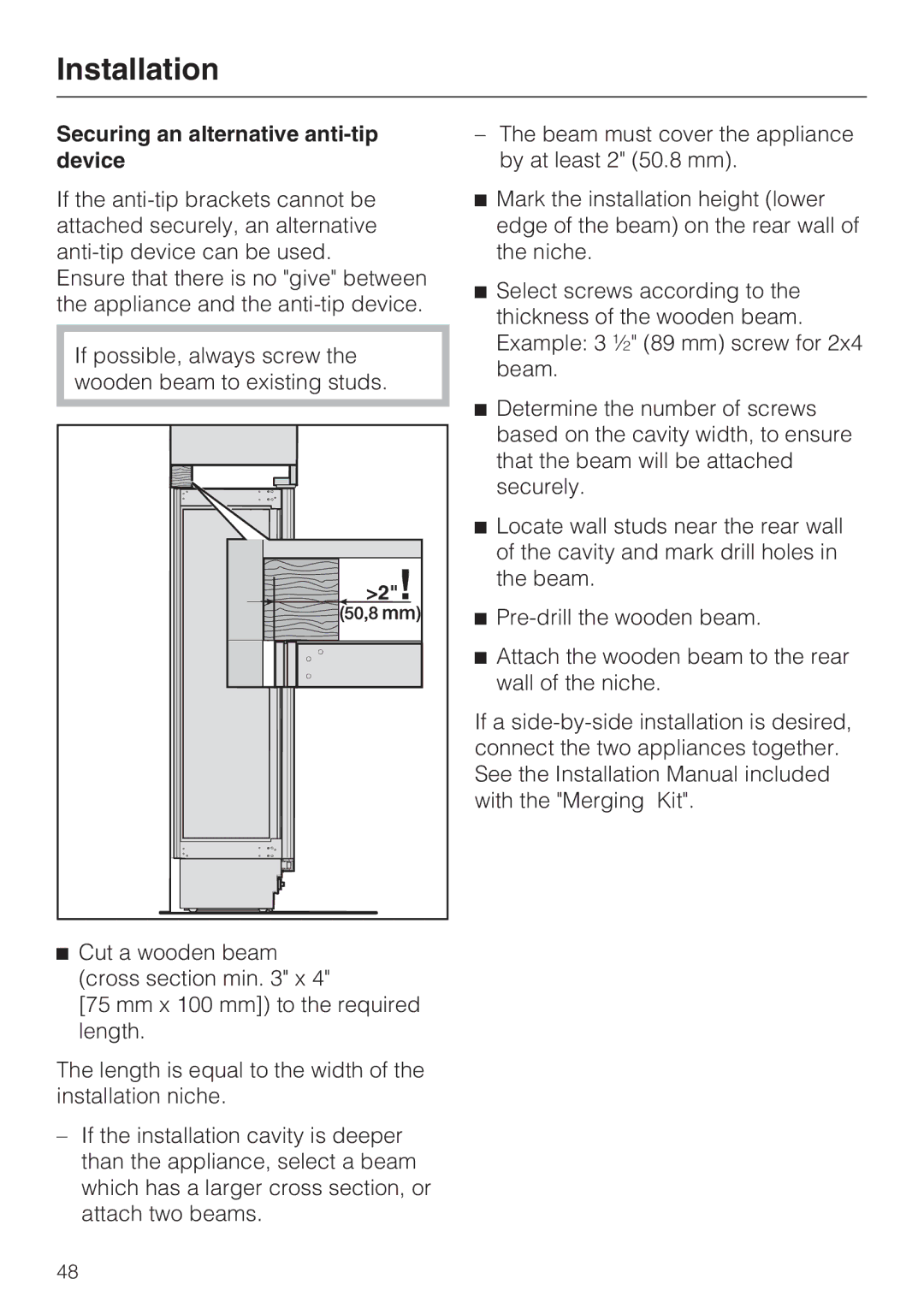 Miele KWT1611VI, KWT1601VI installation instructions Securing an alternative anti-tip device 