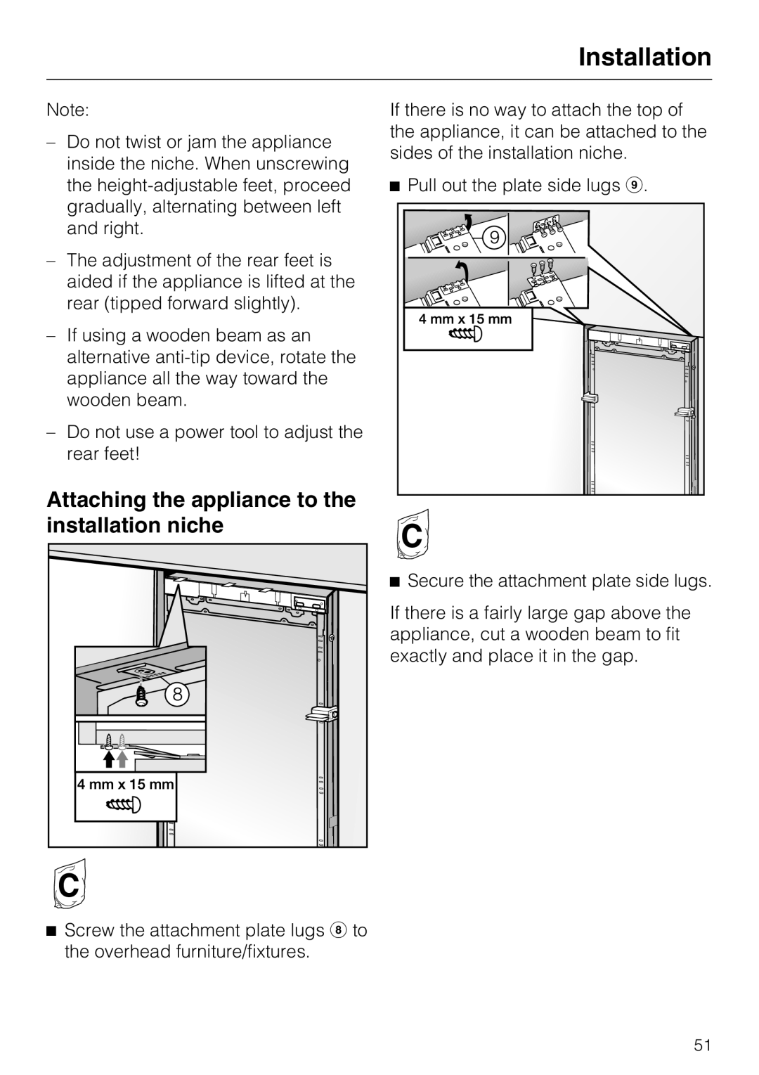 Miele KWT1601VI, KWT1611VI installation instructions Attaching the appliance to the installation niche 