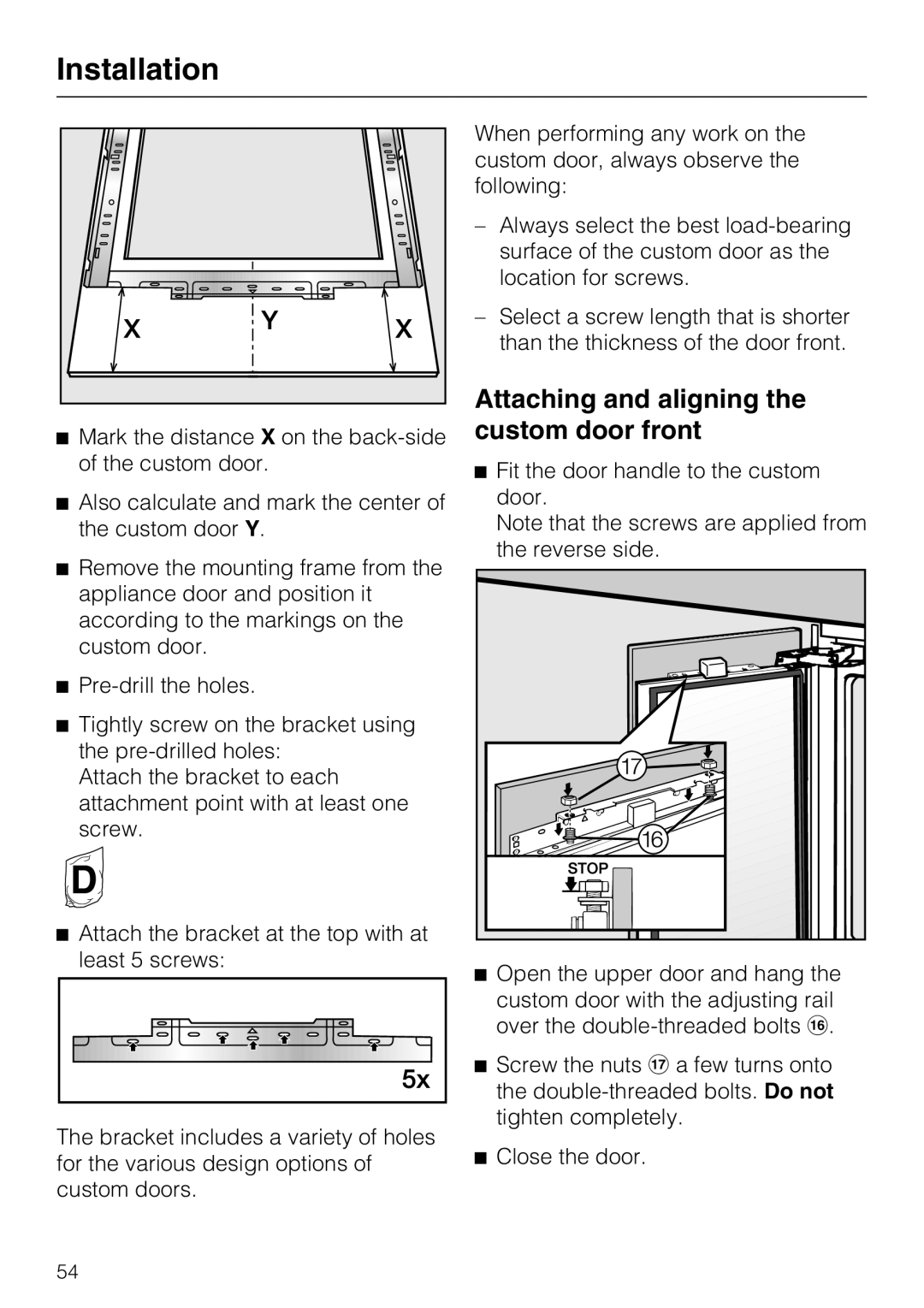 Miele KWT1611VI, KWT1601VI installation instructions Attaching and aligning, Custom door front 