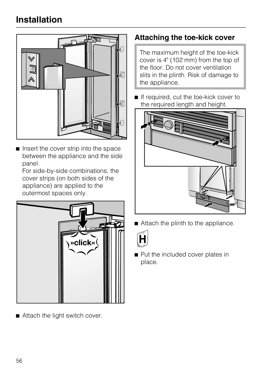 Miele KWT1611VI, KWT1601VI installation instructions Attaching the toe-kick cover 