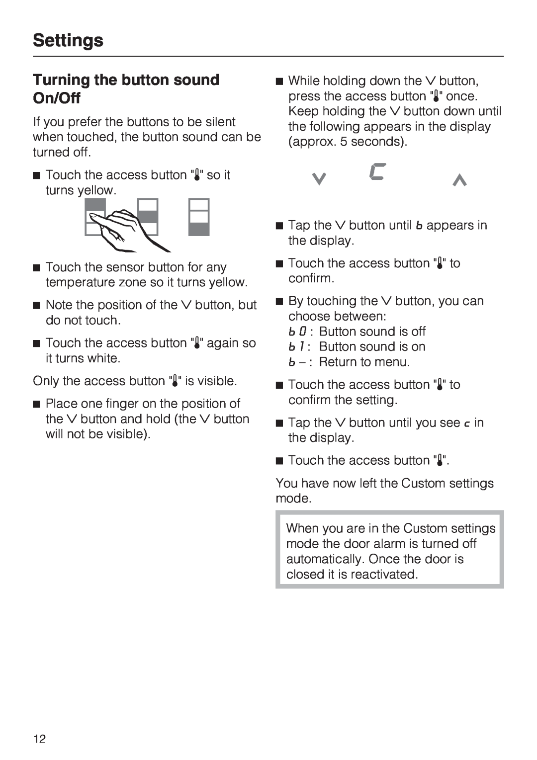 Miele KWT1611VI, KWT1601VI installation instructions Turning the button sound On/Off, Settings 
