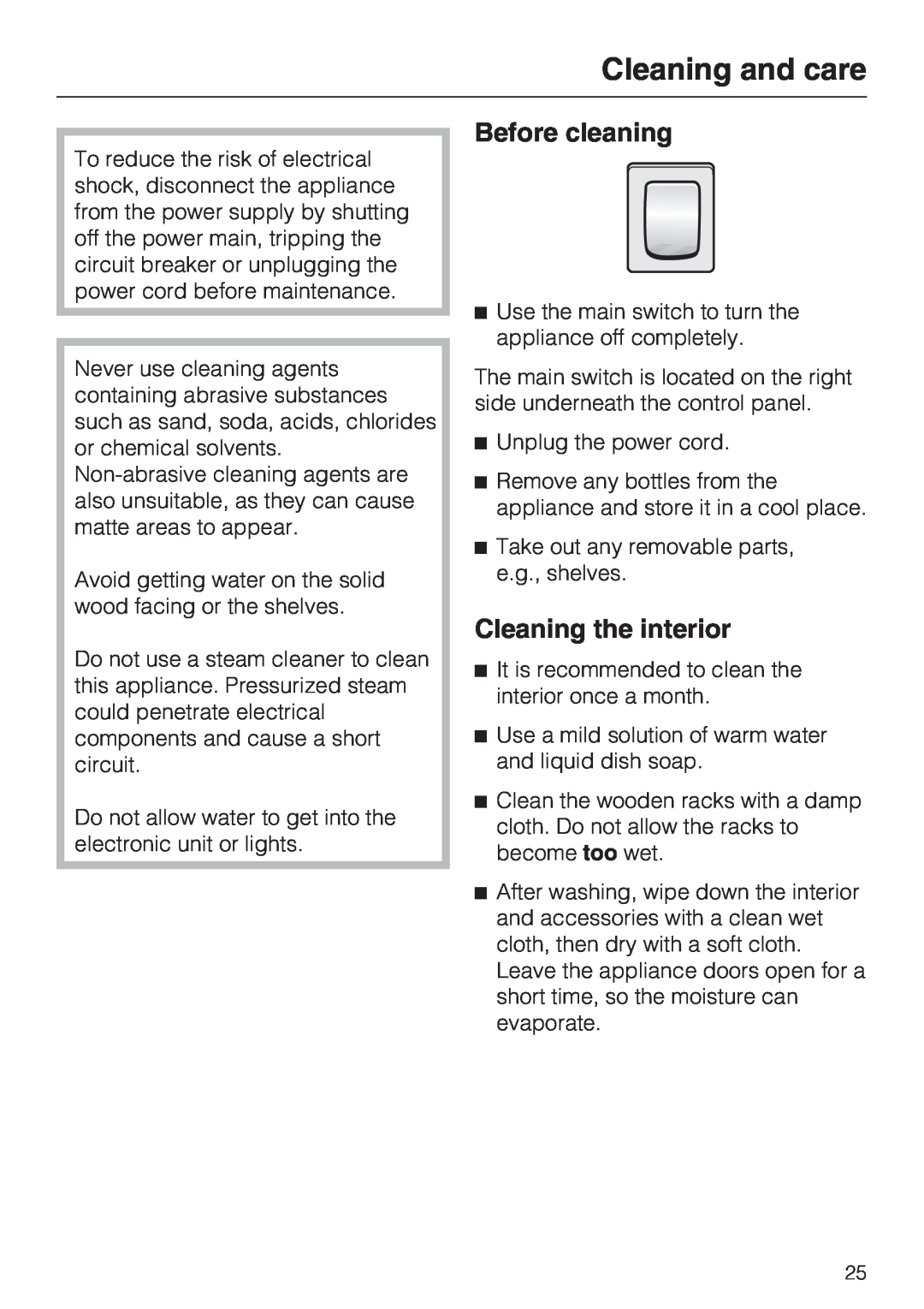 Miele KWT1601VI, KWT1611VI installation instructions Cleaning and care, Before cleaning, Cleaning the interior 