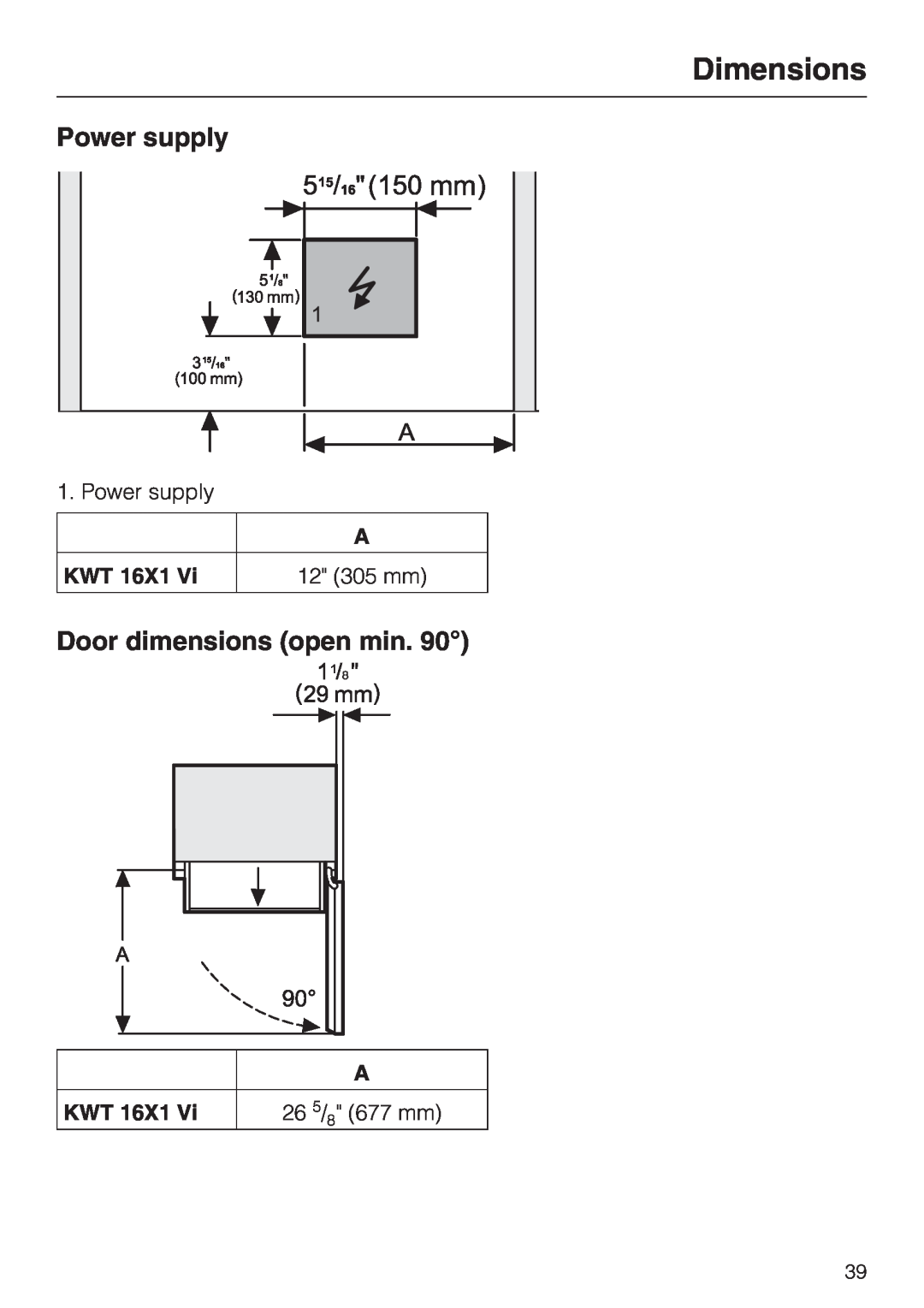 Miele KWT1601VI, KWT1611VI installation instructions Dimensions, Power supply, Door dimensions open min, Kwt, 12 305 mm 