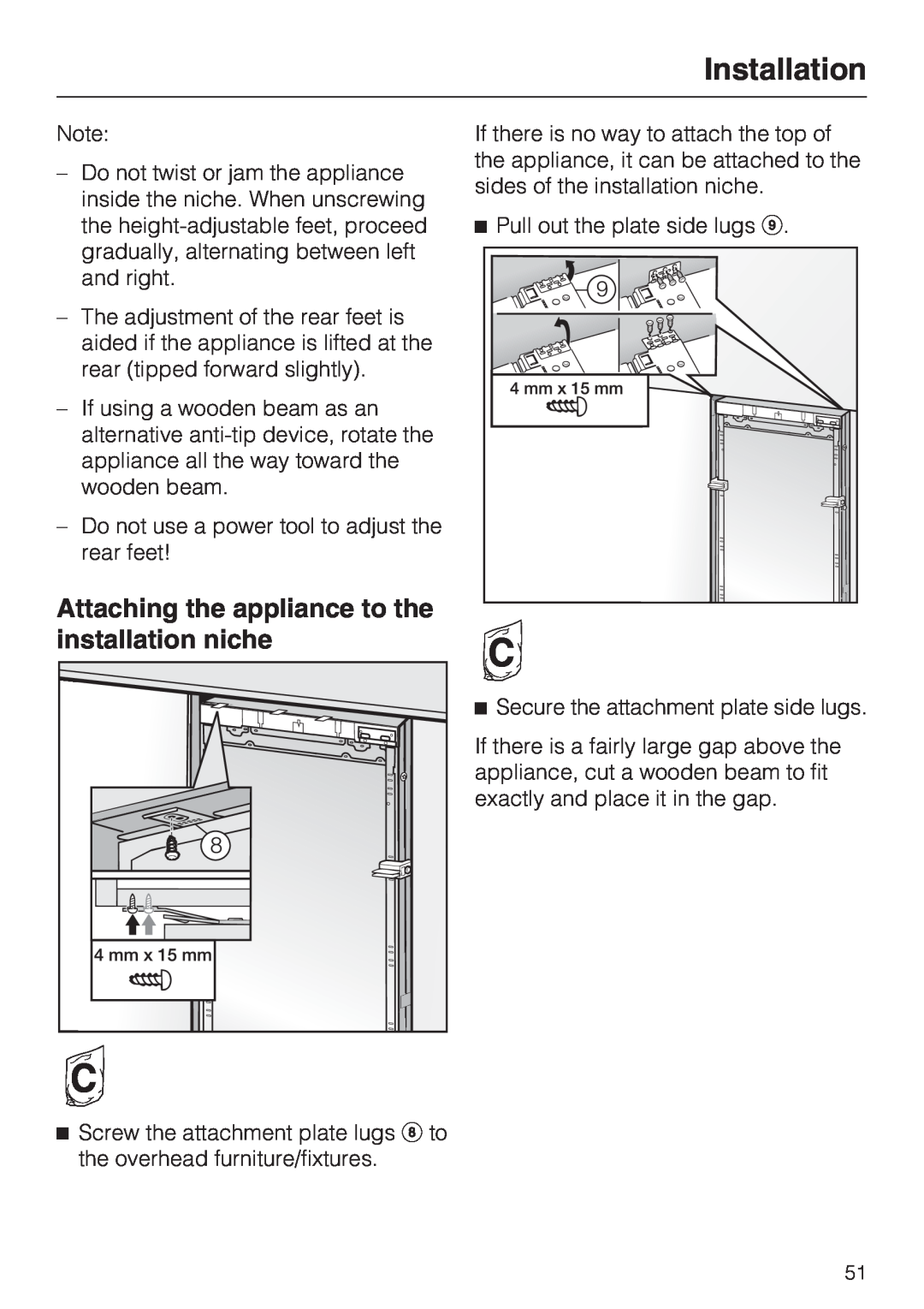 Miele KWT1601VI, KWT1611VI installation instructions Attaching the appliance to the installation niche, Installation 
