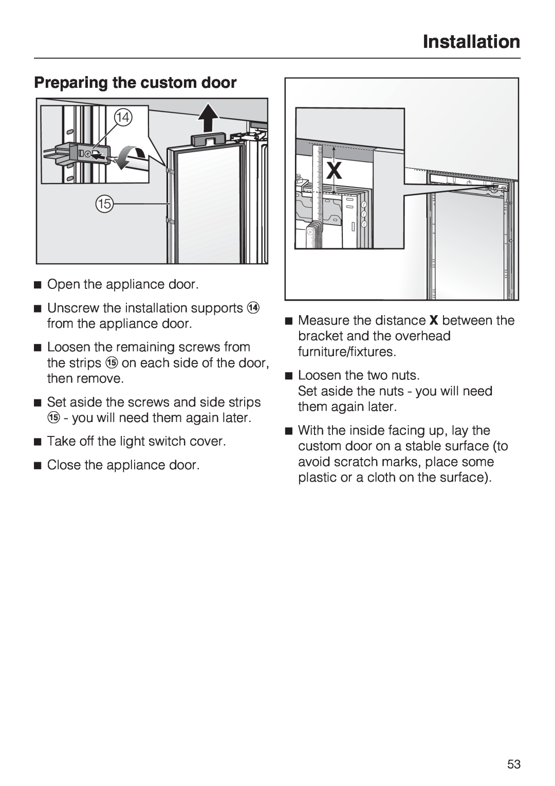 Miele KWT1601VI, KWT1611VI installation instructions Preparing the custom door, Installation 