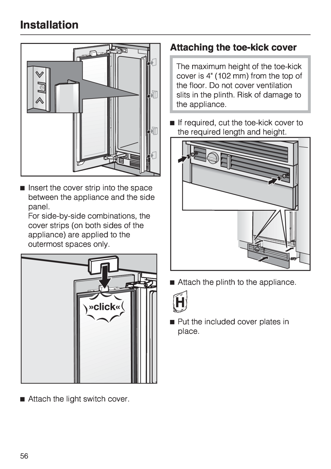Miele KWT1611VI, KWT1601VI installation instructions Attaching the toe-kick cover, Installation 