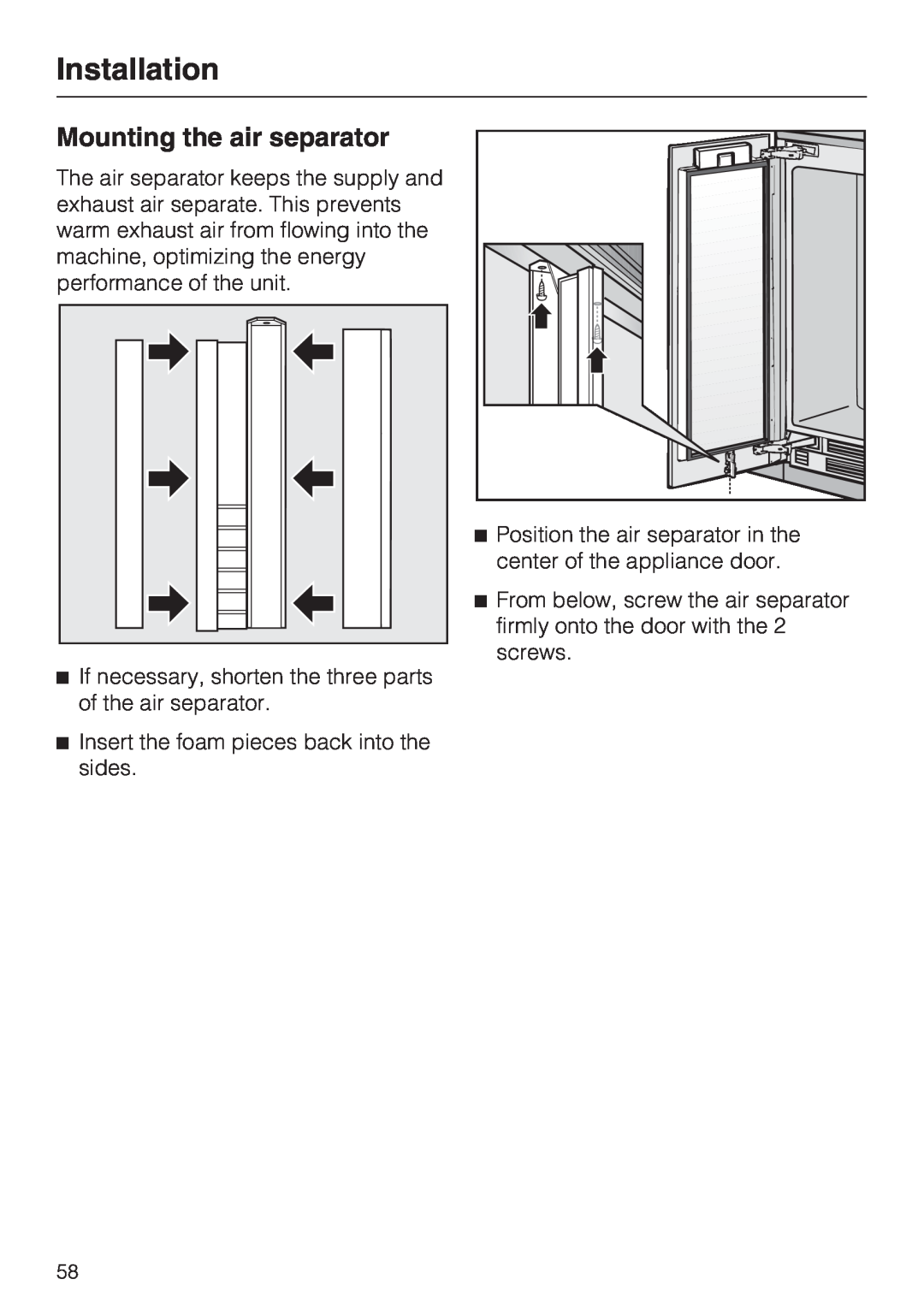 Miele KWT1611VI, KWT1601VI installation instructions Mounting the air separator, Installation 