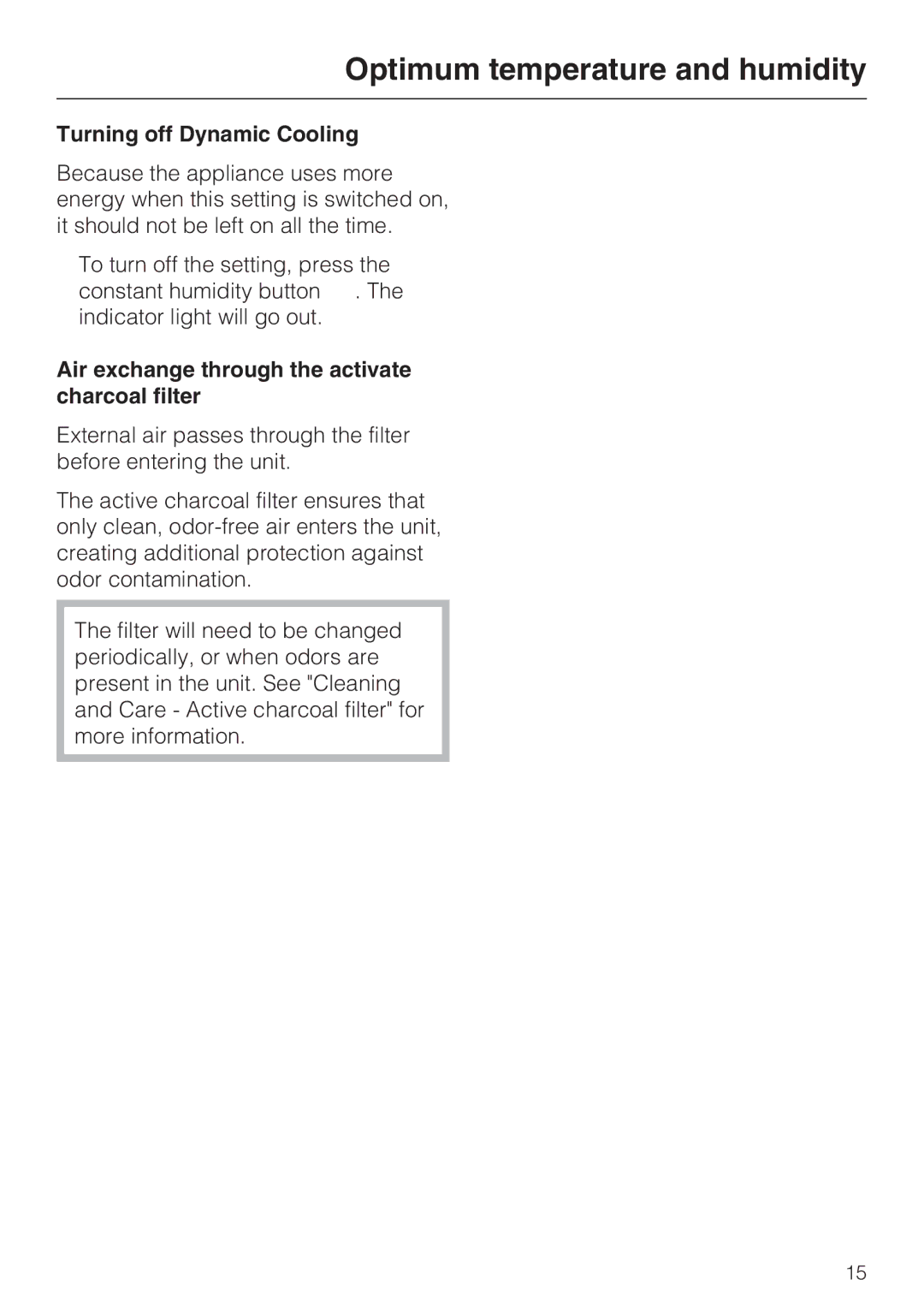 Miele KWT4154UG1 installation instructions Turning off Dynamic Cooling, Air exchange through the activate charcoal filter 