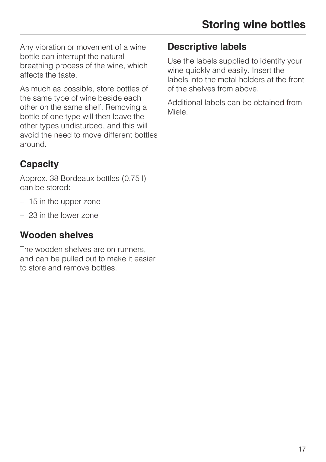 Miele KWT4154UG1 installation instructions Storing wine bottles, Capacity, Wooden shelves, Descriptive labels 