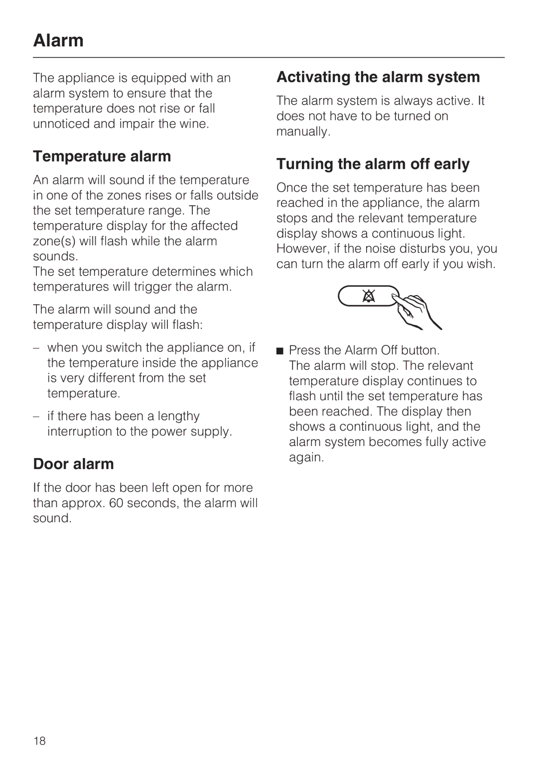 Miele KWT4154UG1 Alarm, Activating the alarm system, Temperature alarm, Door alarm, Turning the alarm off early 