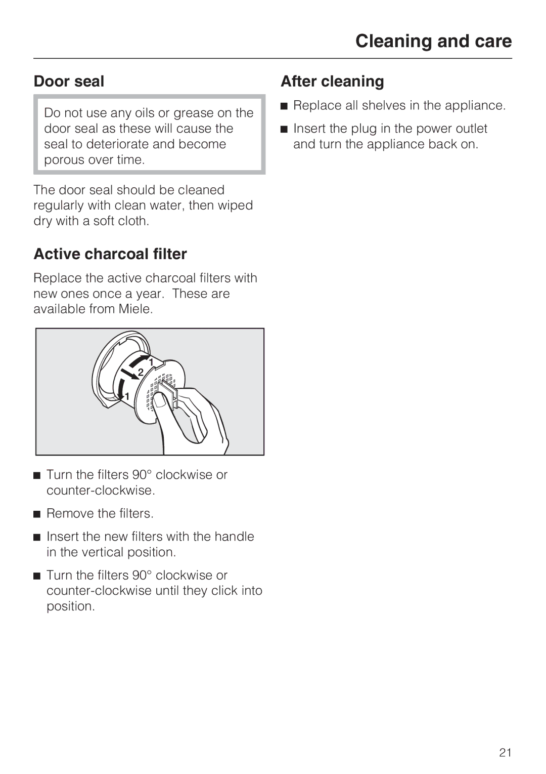 Miele KWT4154UG1 installation instructions Door seal, Active charcoal filter, After cleaning 