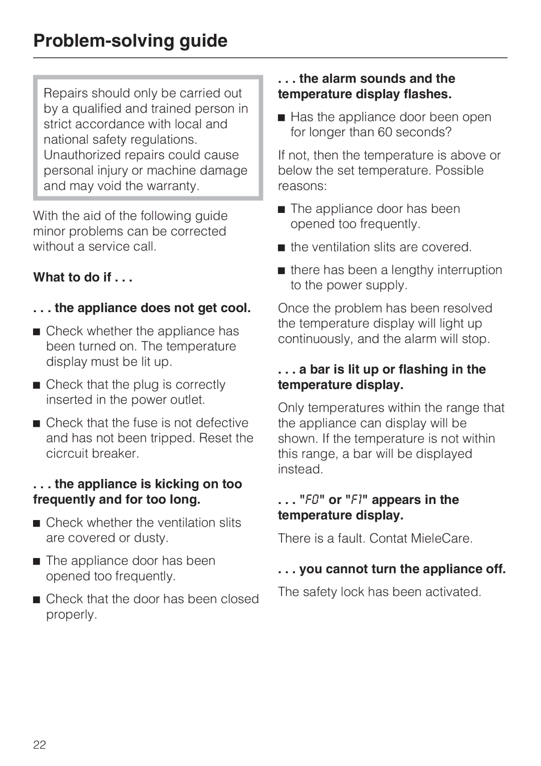 Miele KWT4154UG1 installation instructions Problem-solving guide 