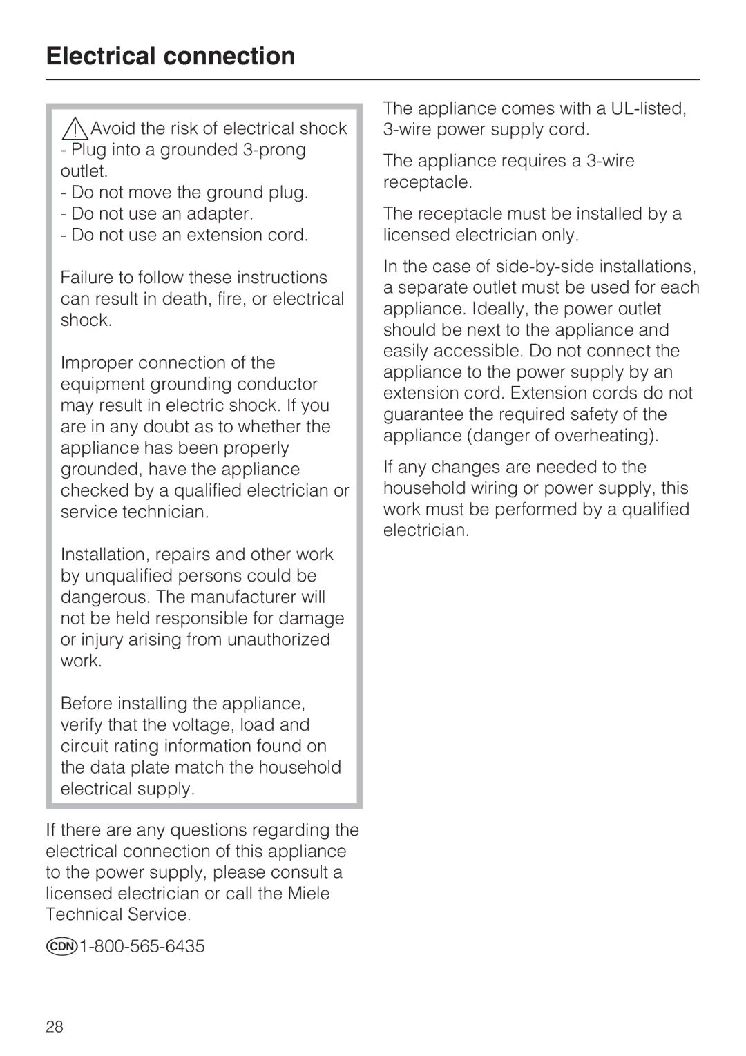 Miele KWT4154UG1 installation instructions Electrical connection 