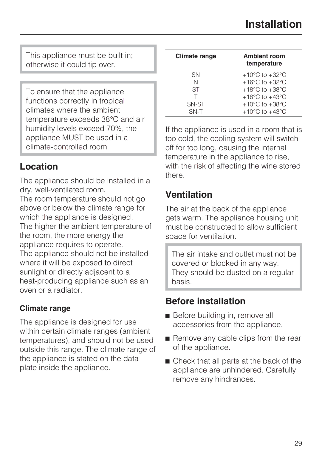 Miele KWT4154UG1 installation instructions Installation, Location, Ventilation, Before installation, Climate range 