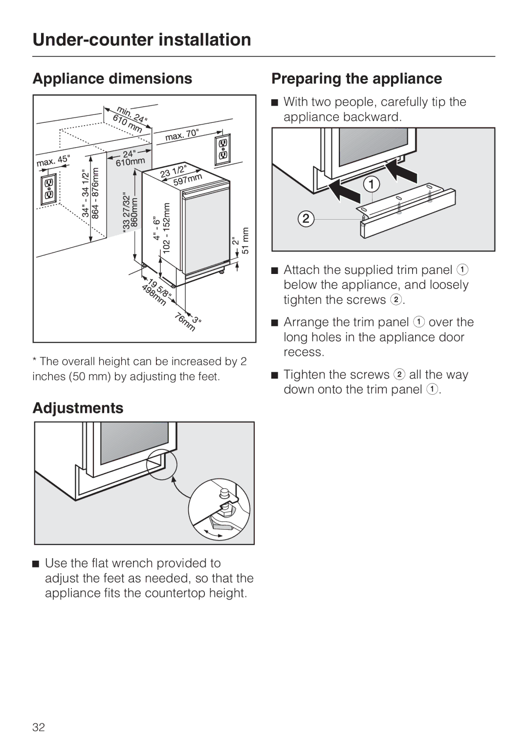 Miele KWT4154UG1 Under-counter installation, Appliance dimensions, Adjustments, Preparing the appliance 