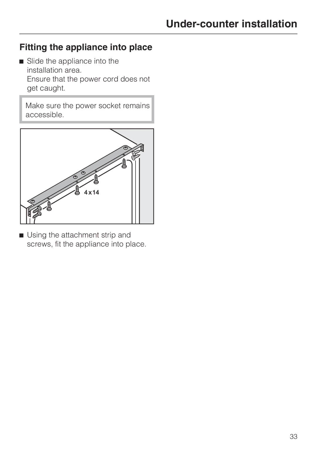 Miele KWT4154UG1 installation instructions Fitting the appliance into place 