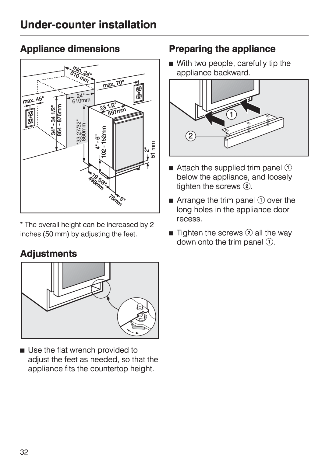 Miele KWT4154UG1 Under-counterinstallation, Appliance dimensions, Adjustments, Preparing the appliance 