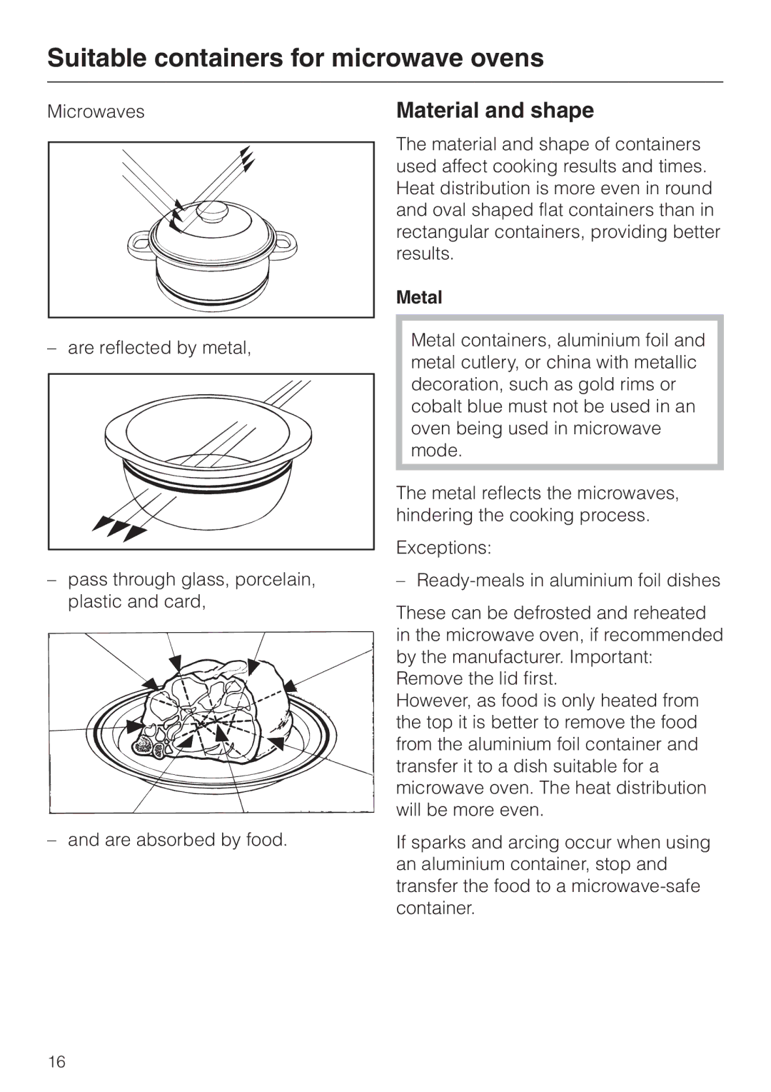 Miele M 613 G manual Suitable containers for microwave ovens, Material and shape, Metal 