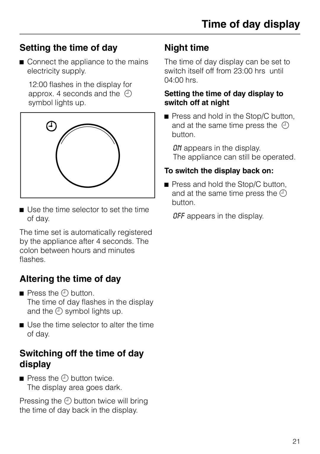 Miele M 613 G manual Time of day display, Setting the time of day, Altering the time of day, Night time 