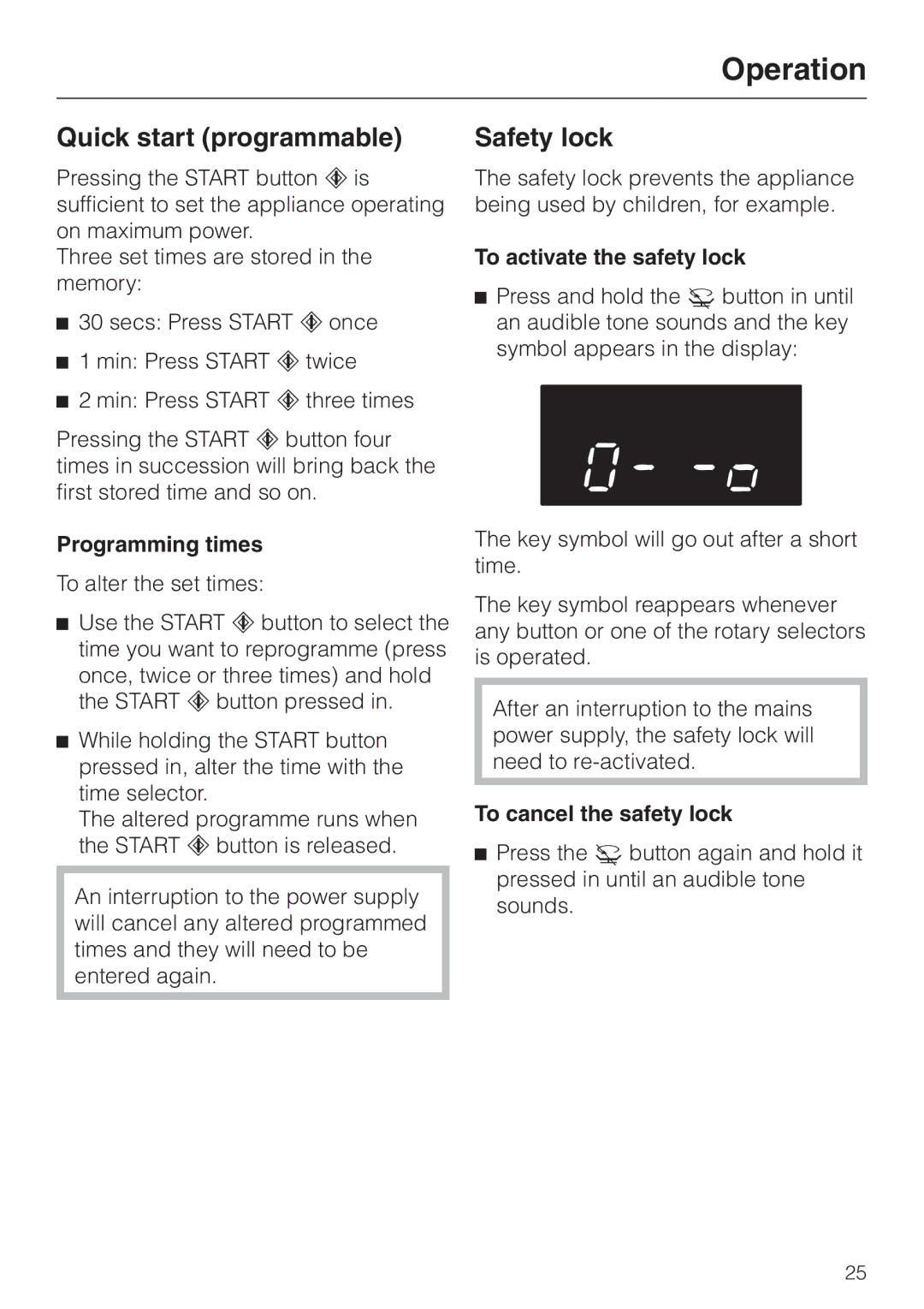 Miele M 613 G manual Quick start programmable, Safety lock, Programming times, To activate the safety lock 