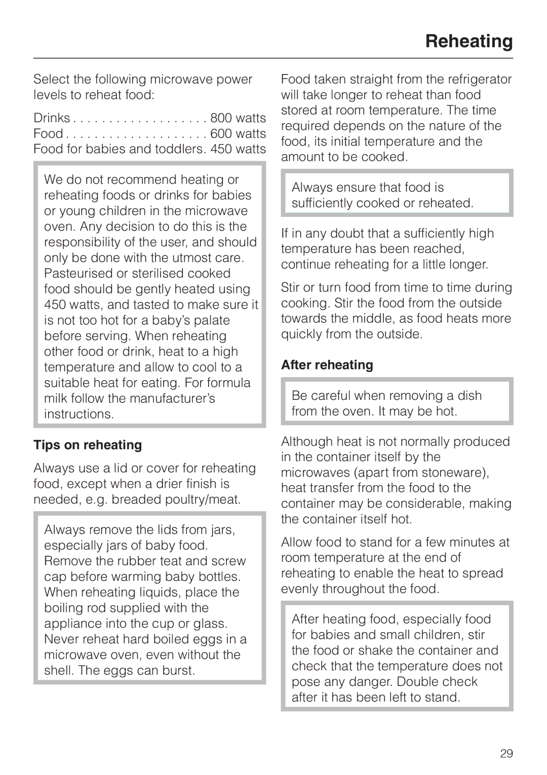 Miele M 613 G manual Reheating, Tips on reheating, After reheating 