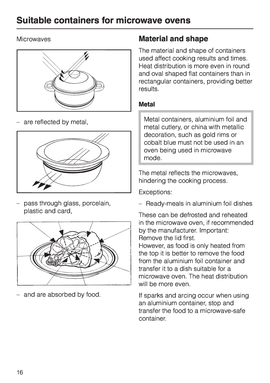 Miele M 613 G manual Suitable containers for microwave ovens, Material and shape, Metal 