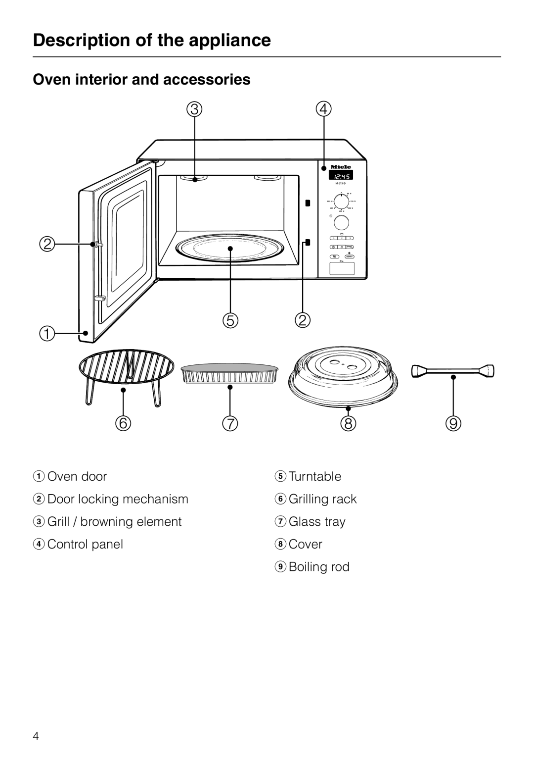 Miele M 613 G manual Description of the appliance, Oven interior and accessories 
