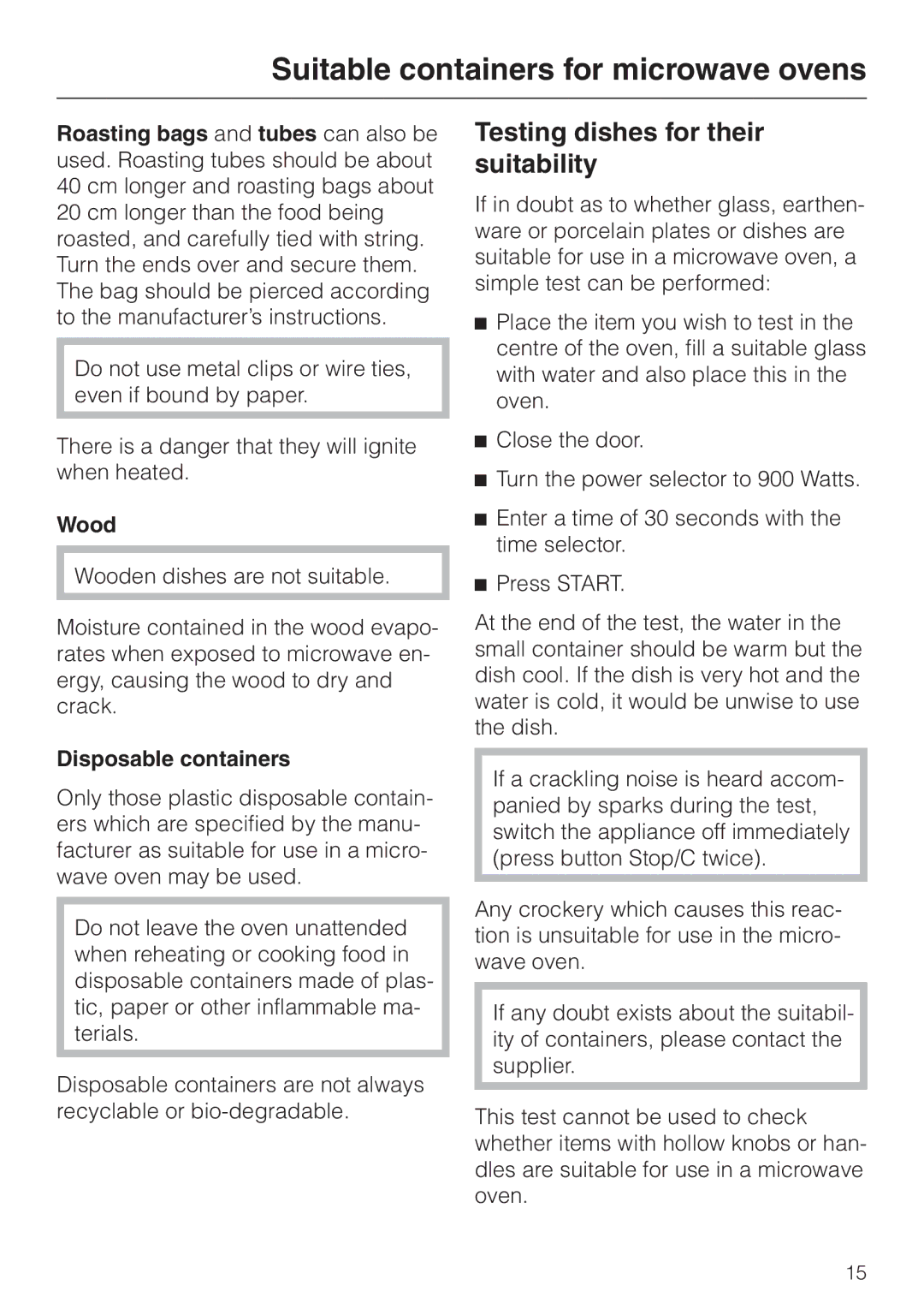 Miele M 635 EG manual Testing dishes for their suitability, Wood, Disposable containers 